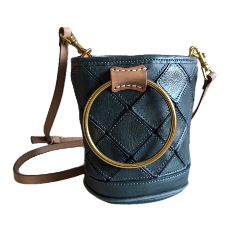 blue green leather diamond patch drawstring bucket handbag or crossbody